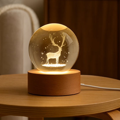 Wukusy Mela Crystal Ball Night Light with glass globe and wooden base, ideal for home decor and ambient lighting.