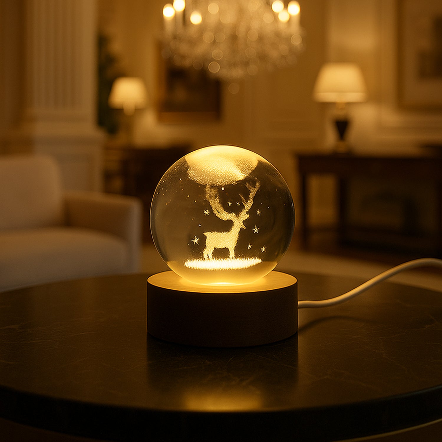 Wukusy Mela Crystal Ball Night Light with glass ball lamp and wooden base, ideal for home decor and soft ambient lighting.