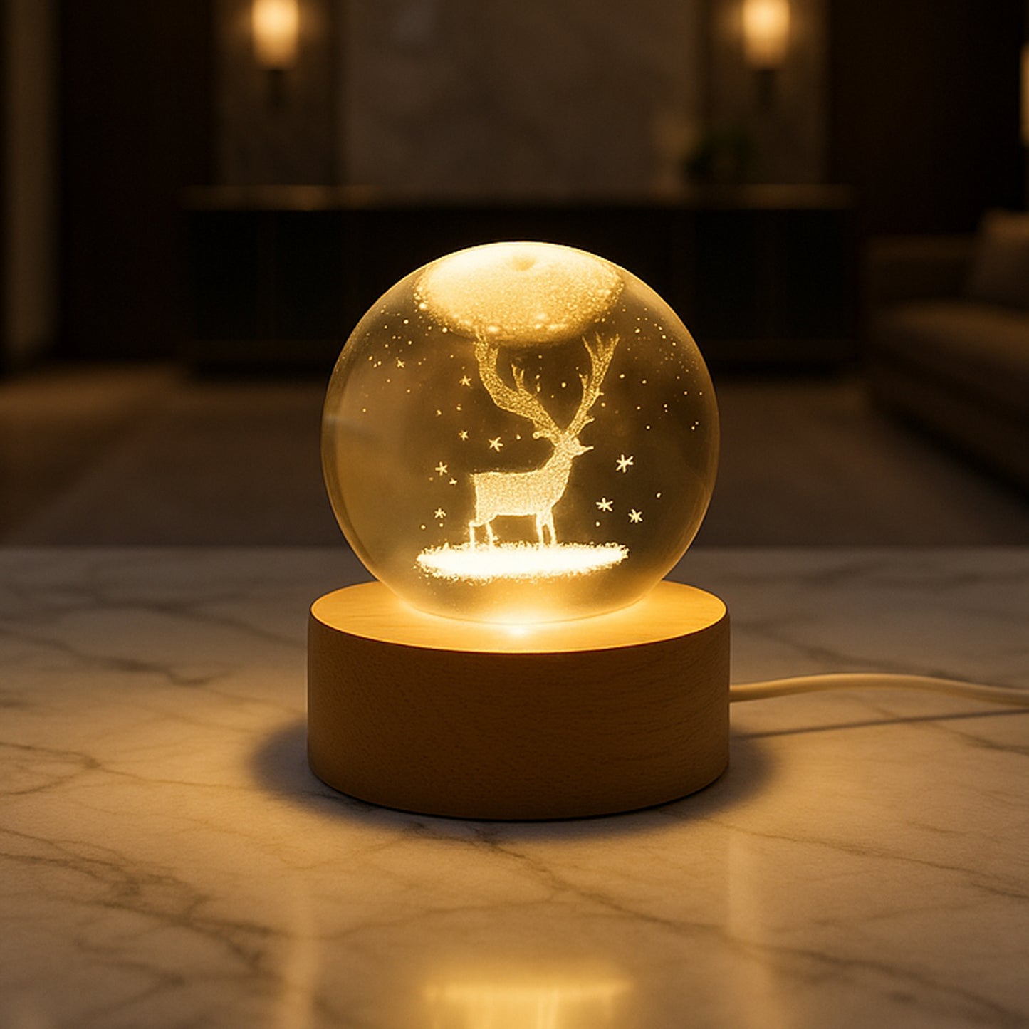 Wukusy Mela Crystal Ball Night Light with glass ball and wood base, ideal for home decor and ambient lighting.