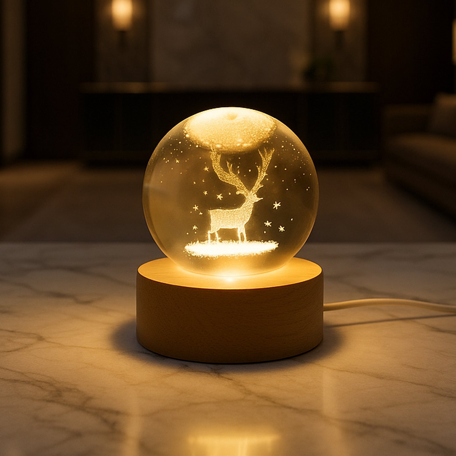 Wukusy Mela Crystal Ball Night Light with glass ball and wood base, ideal for home decor and ambient lighting.