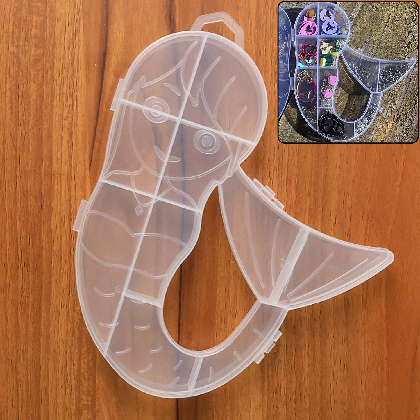 Wukusy mermaid-shaped plastic storage organizer box for home improvement, with compartments for organizing small items.