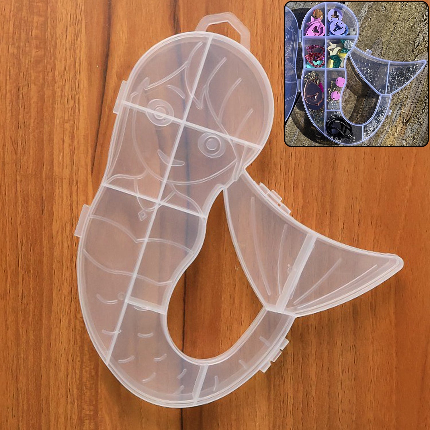 Wukusy mermaid-shaped plastic storage organizer box for home improvement, with compartments for organizing small items.