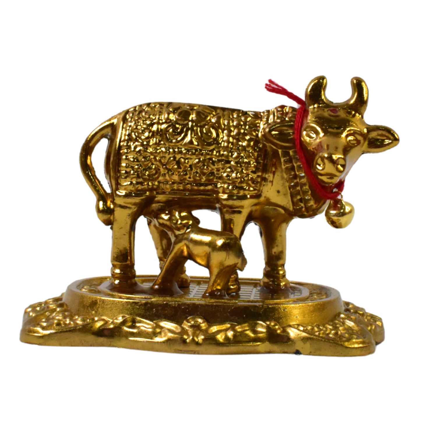 Golden metal Kamdhenu cow with calf sculpture by Wukusy, decorative home improvement figurine for auspicious decor.