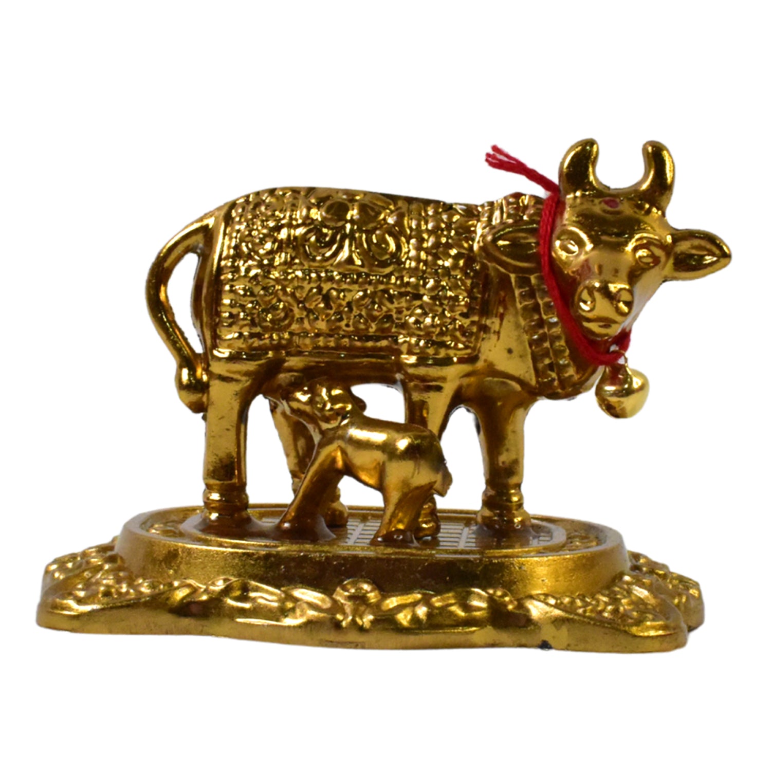 Golden metal Kamdhenu cow with calf sculpture by Wukusy, decorative home improvement figurine for auspicious decor.
