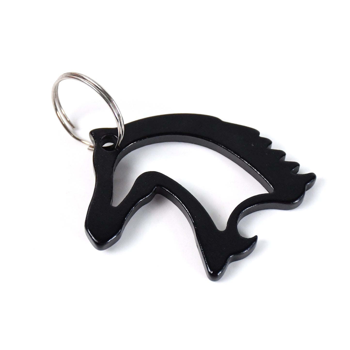 Wukusy metal horse face-shaped keychain, durable home improvement accessory with detailed horse design on shiny metal surface.