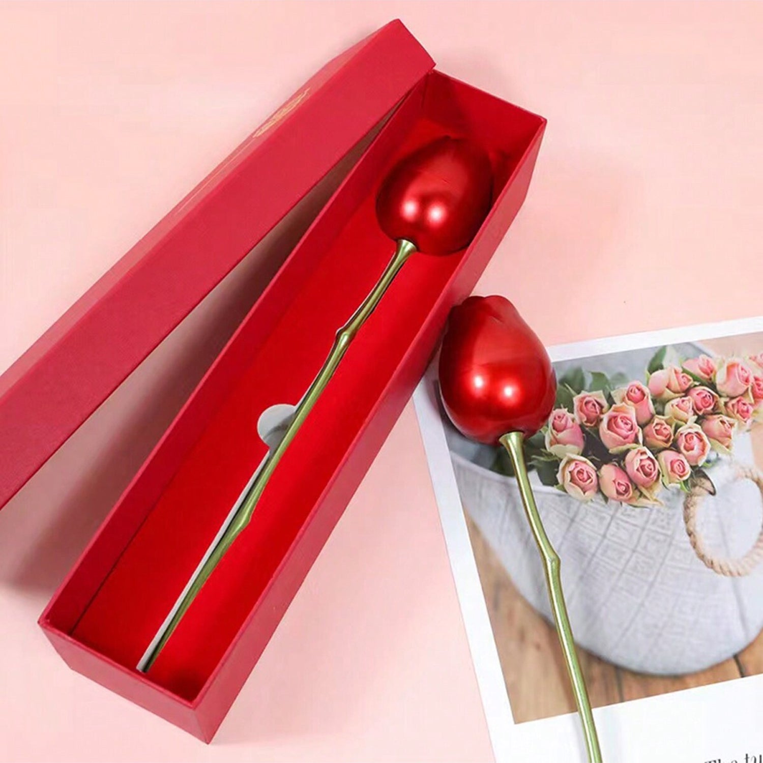 Red metal rose couple jewelry box by Wukusy, elegant fancy jewelry storage with intricate rose design for home organization.