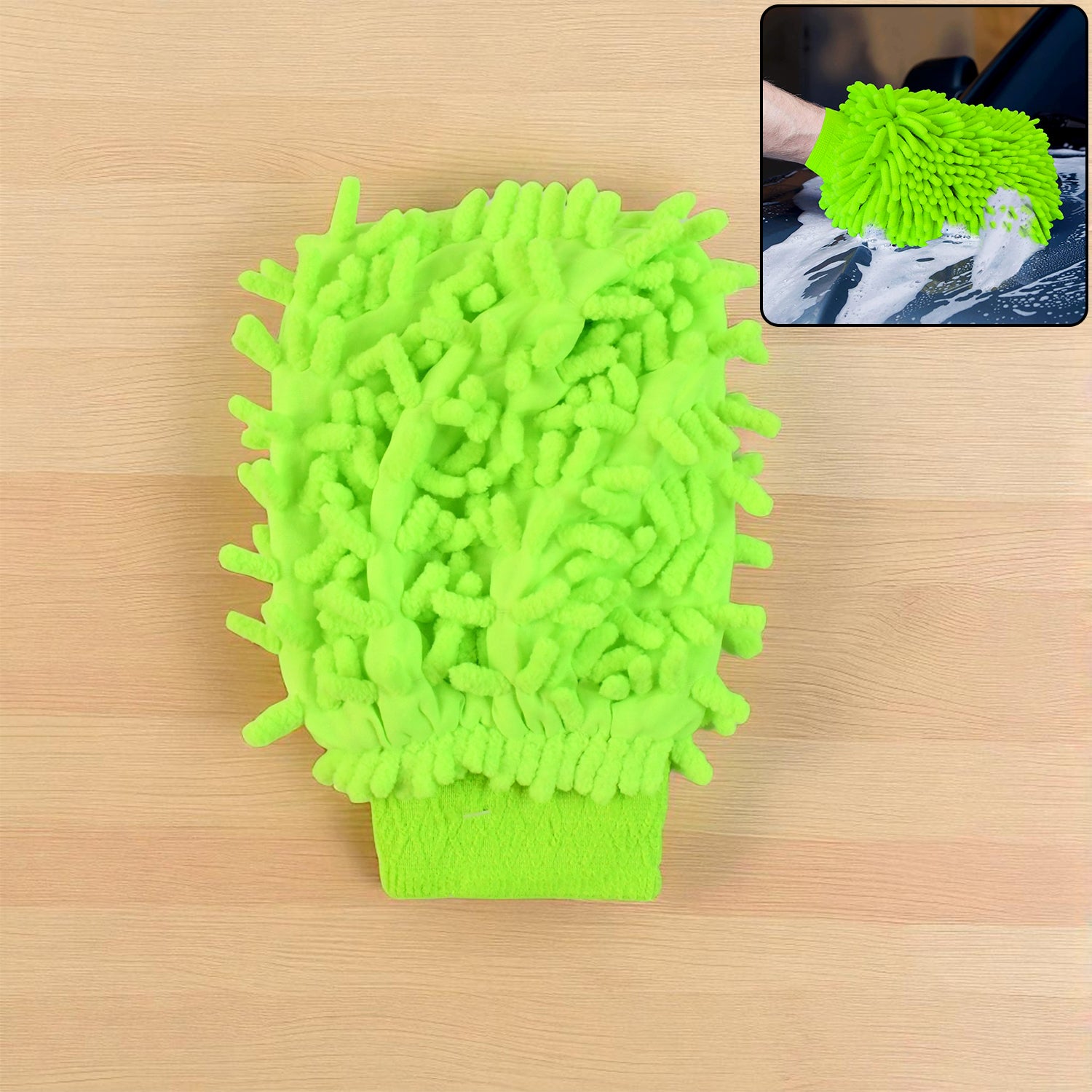 Wukusy microfiber car wash glove mitt cleaning car, bike, and home surfaces with soft, absorbent microfiber material.