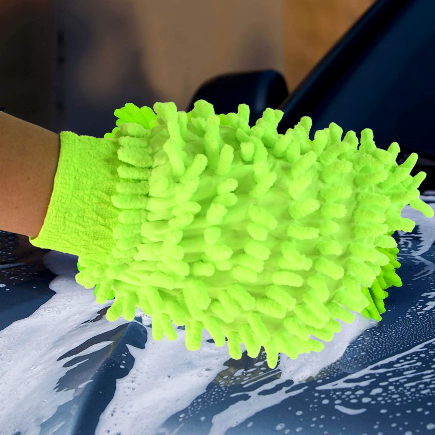 Wukusy microfiber car wash glove mitt for cleaning car, bike, and home surfaces with soft, absorbent microfiber material.