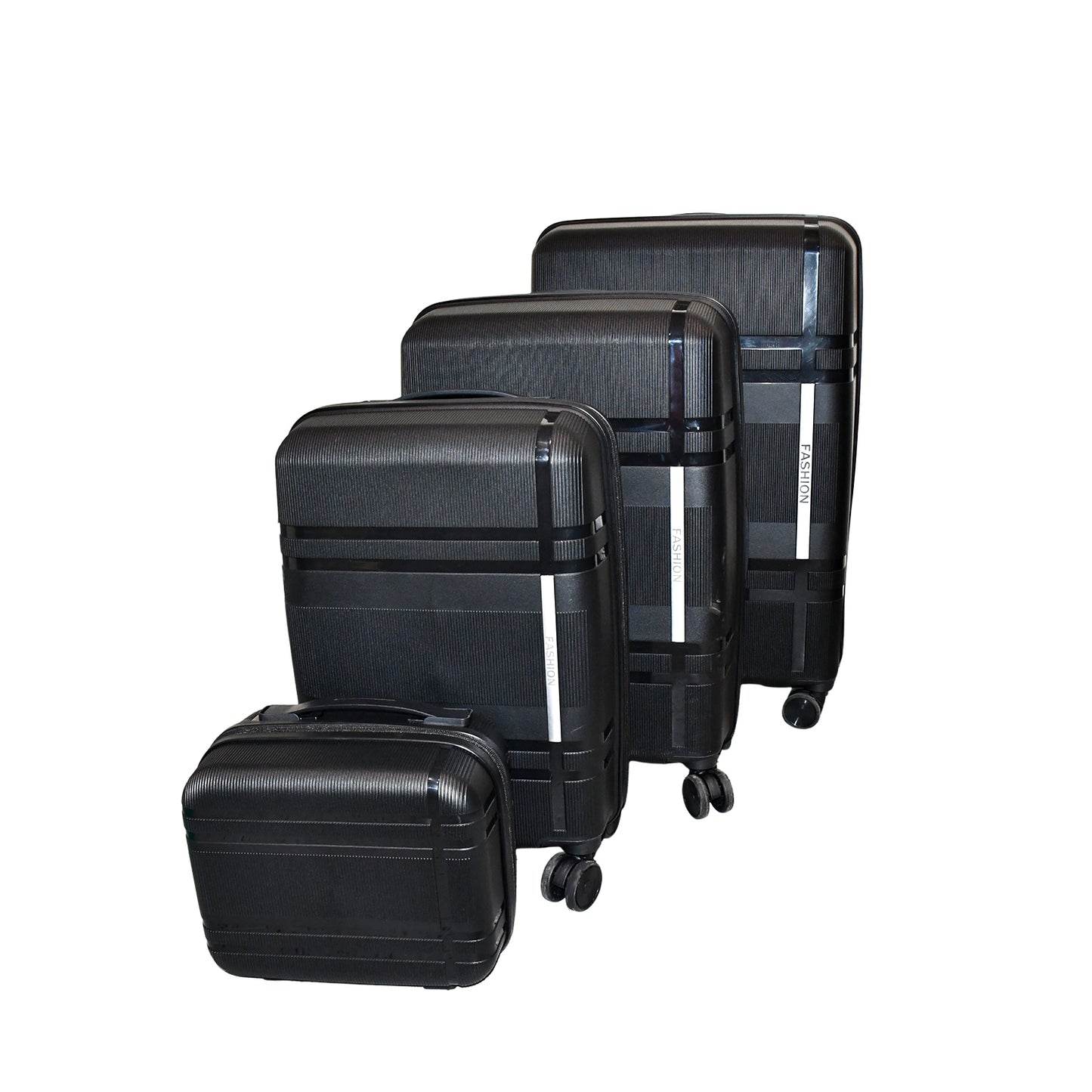 Wukusy 4-piece mix color hard-shell luggage trolley set with wheels and handles for travel and storage.