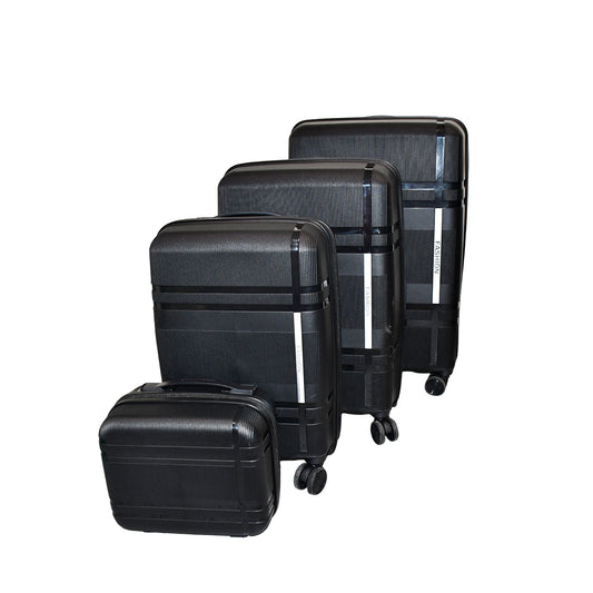 Wukusy 4-piece mix color hard-shell luggage trolley set with wheels and handles for travel and storage.