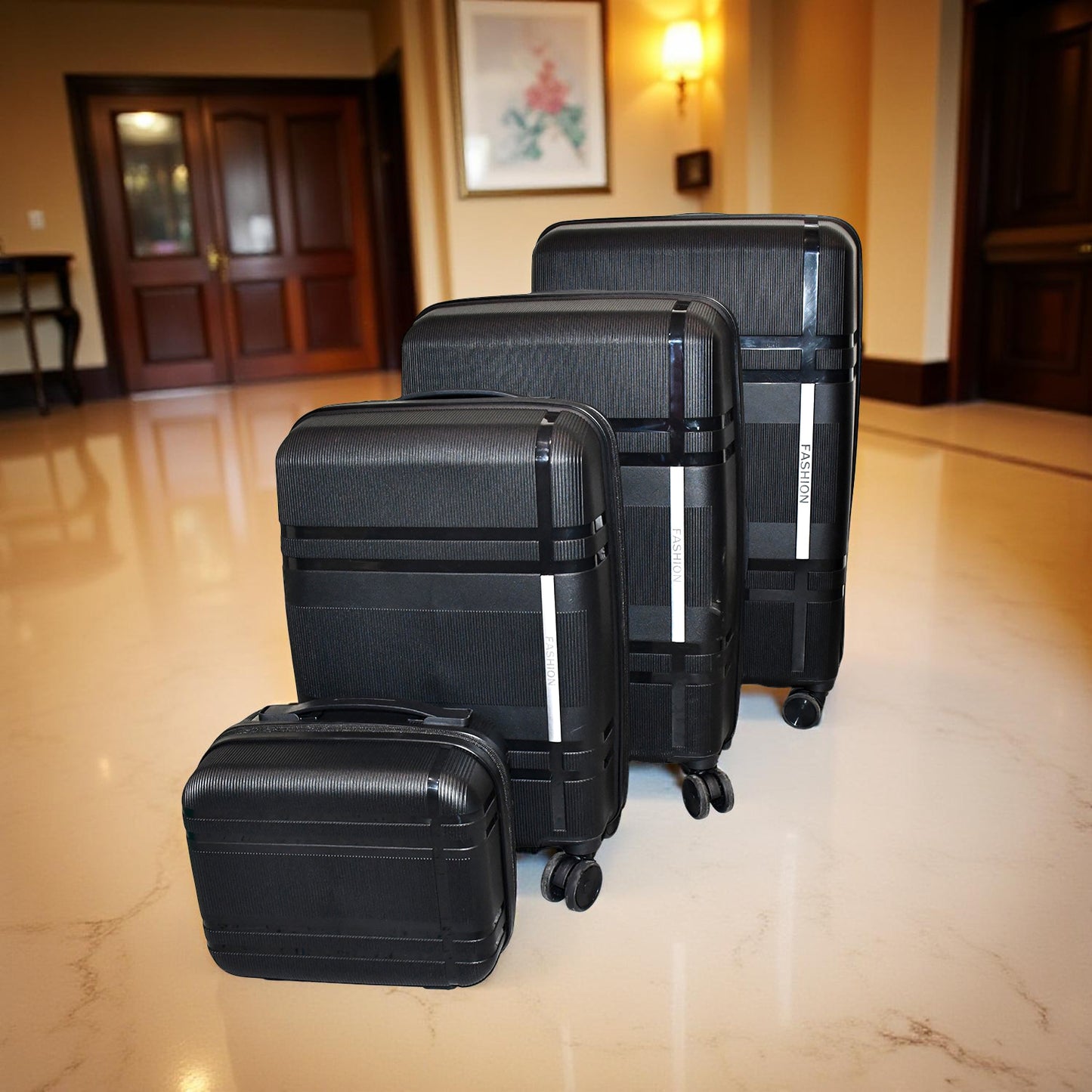 Wukusy 4-piece mix color hard-shell luggage trolley set with sturdy wheels and telescopic handles for travel and home storage.