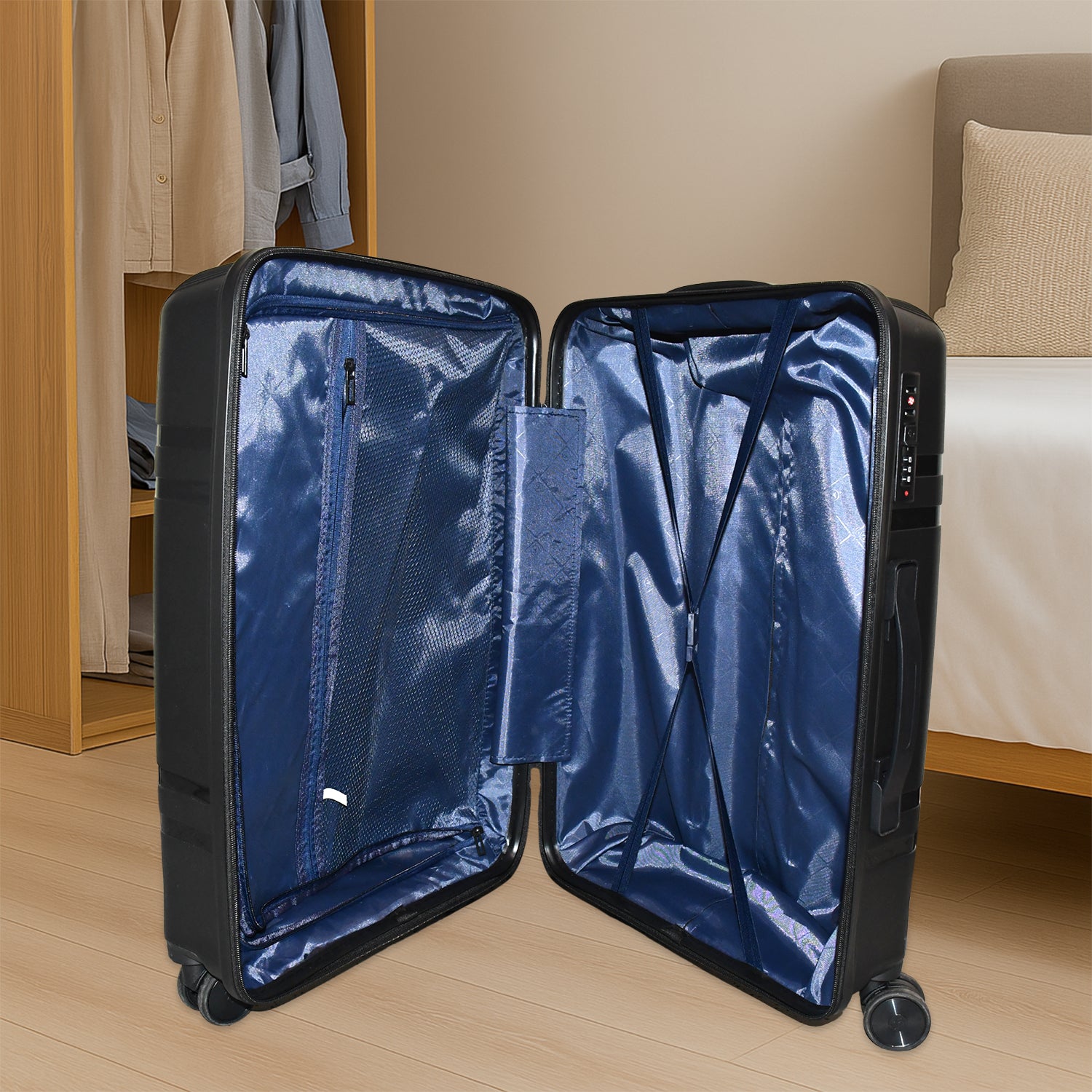 Wukusy 4-piece mix color hard-shell luggage trolley set with durable suitcases for travel and home improvement storage.