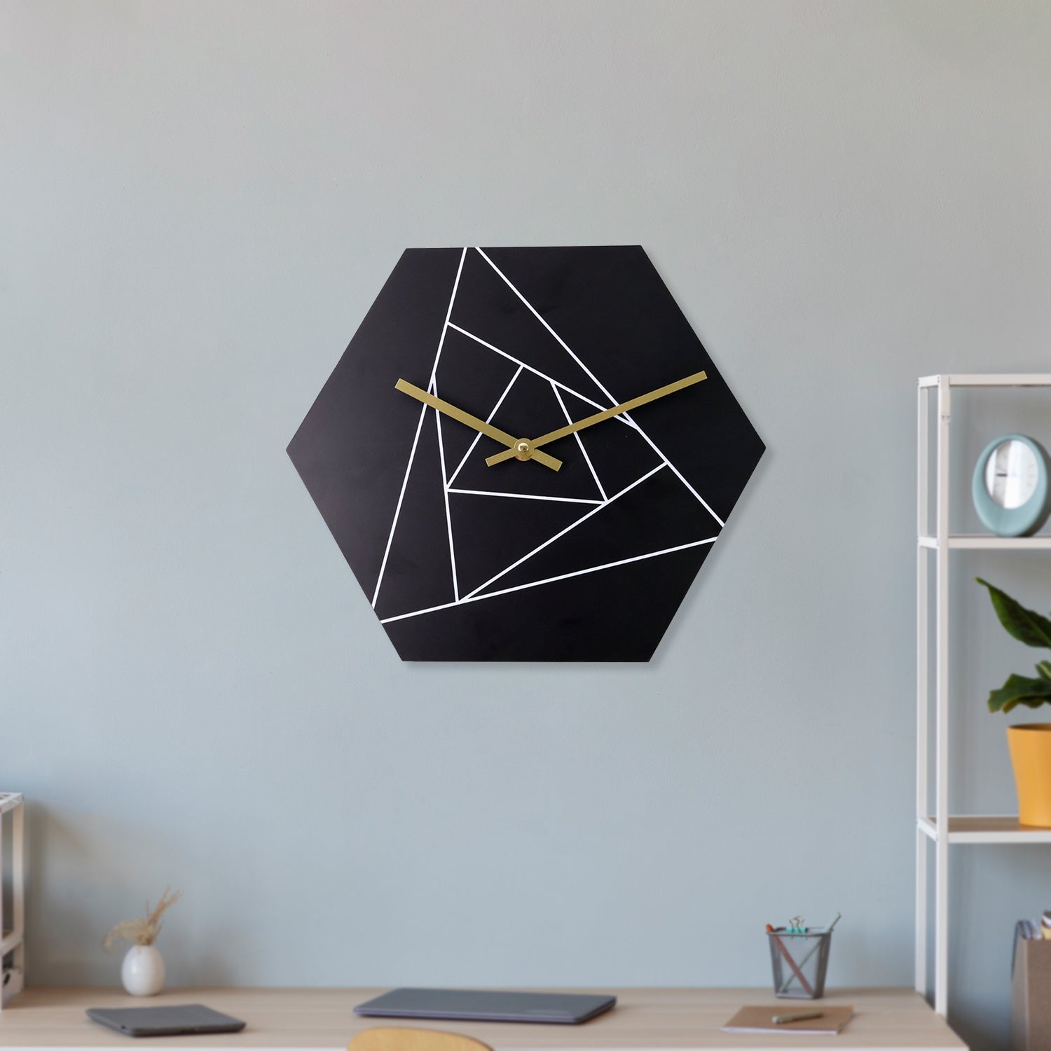 Wukusy modern geometric hexagon wall clock for home decor, featuring a stylish design and easy-to-read clock face.
