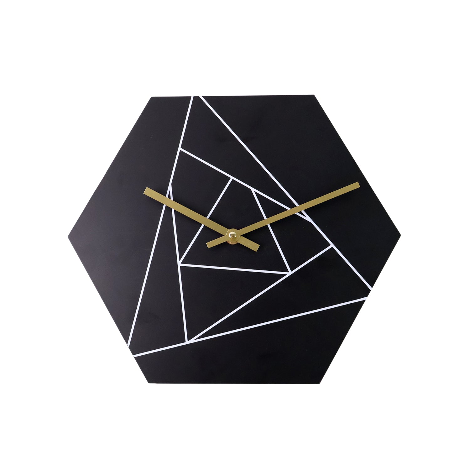 Modern geometric hexagon wall clock by Wukusy, featuring a stylish design for home decor, shown hanging on a wall.