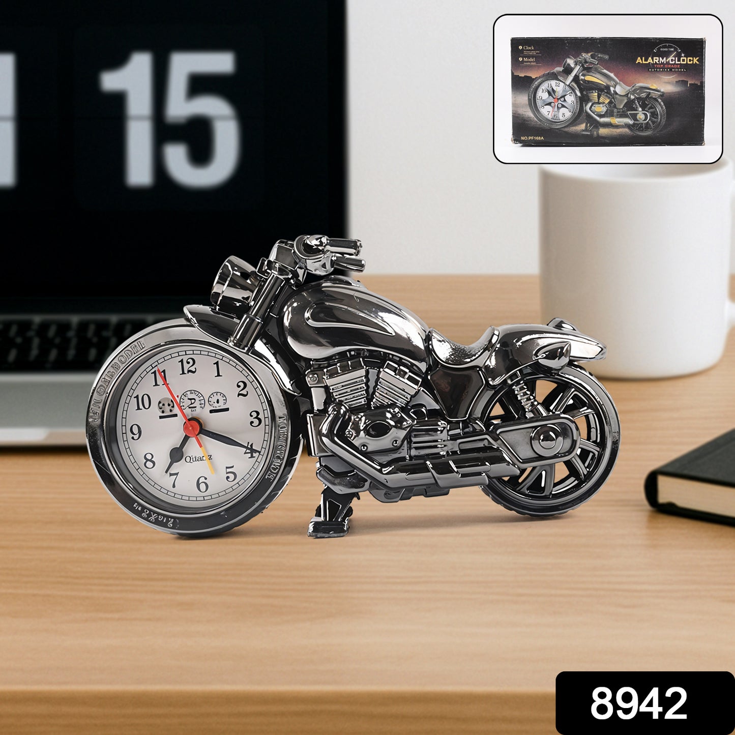 Wukusy motorcycle-themed table clock for home decor, featuring a detailed motorcycle design and a functional alarm clock.