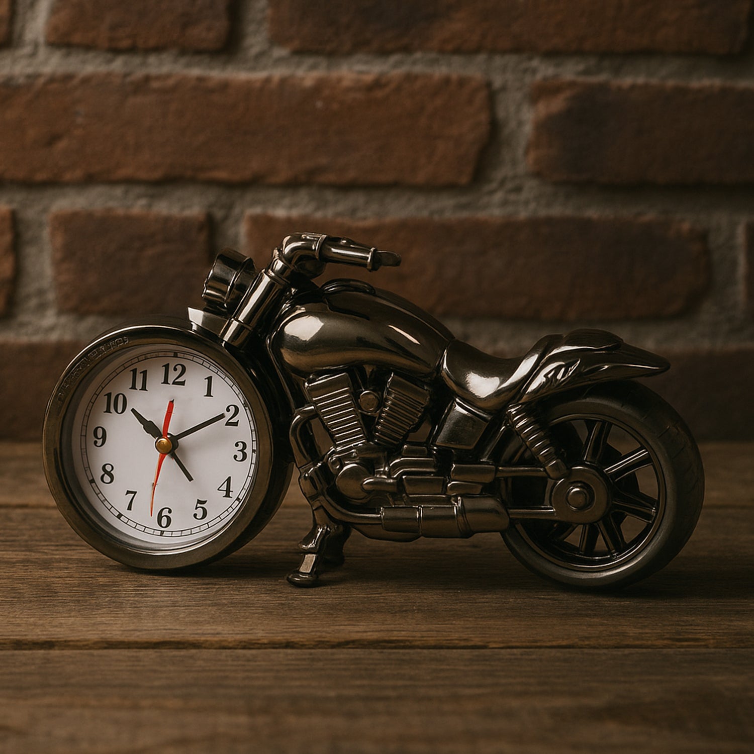Wukusy motorcycle alarm clock table clock for home decor, featuring a detailed motorcycle design on a sleek tabletop surface.