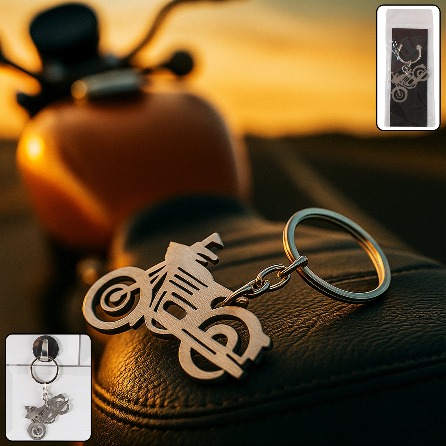 Wukusy motorcycle silhouette metal keychain, durable home improvement accessory with detailed motorcycle design on a keyring.