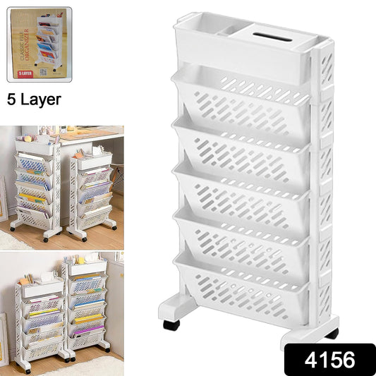 Large capacity Wukusy movable bookshelf, rotatable plastic rolling organization shelf with multiple tiers for home storage.