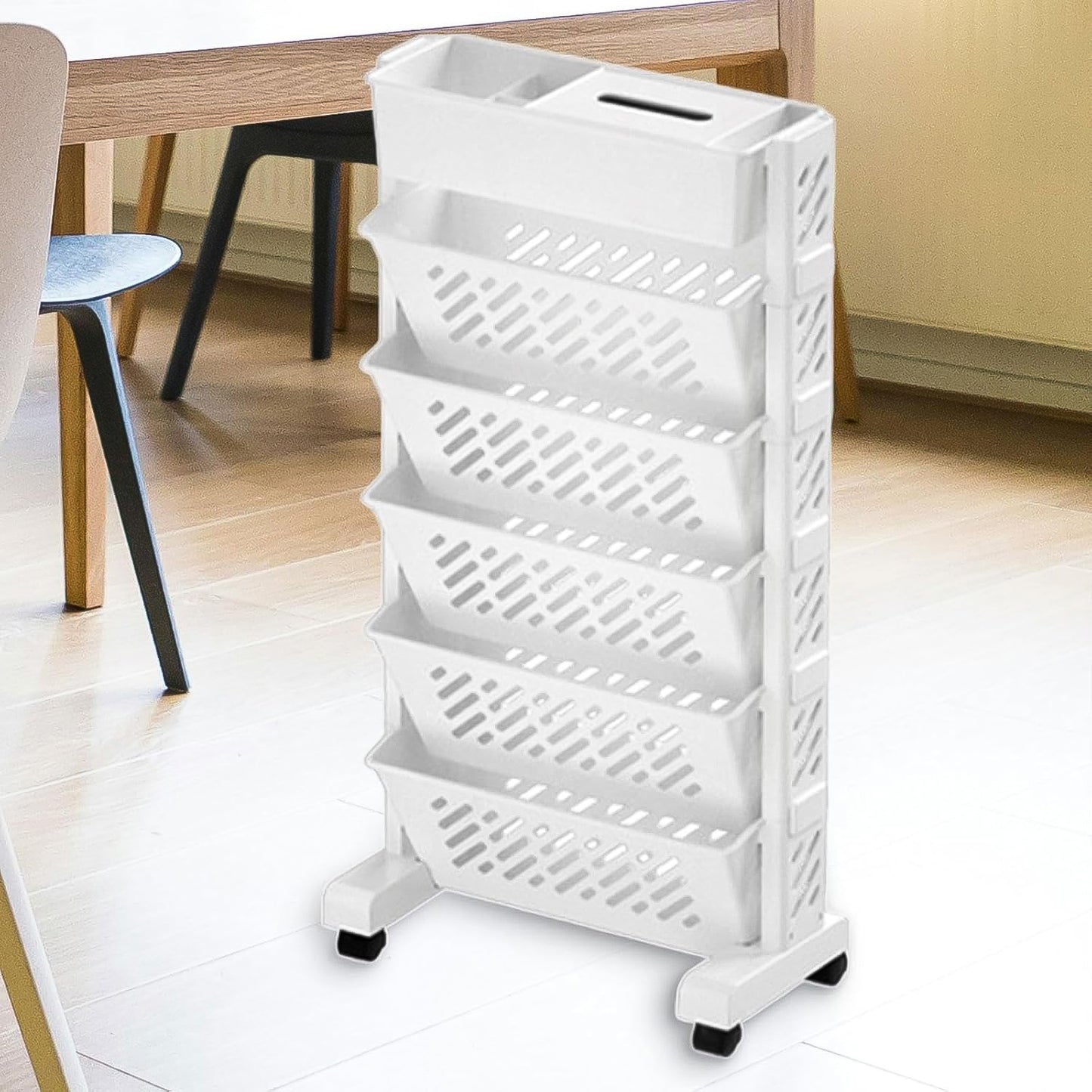 Large capacity Wukusy movable plastic bookshelf with rotatable design, rolling organization rack for home storage and organization.