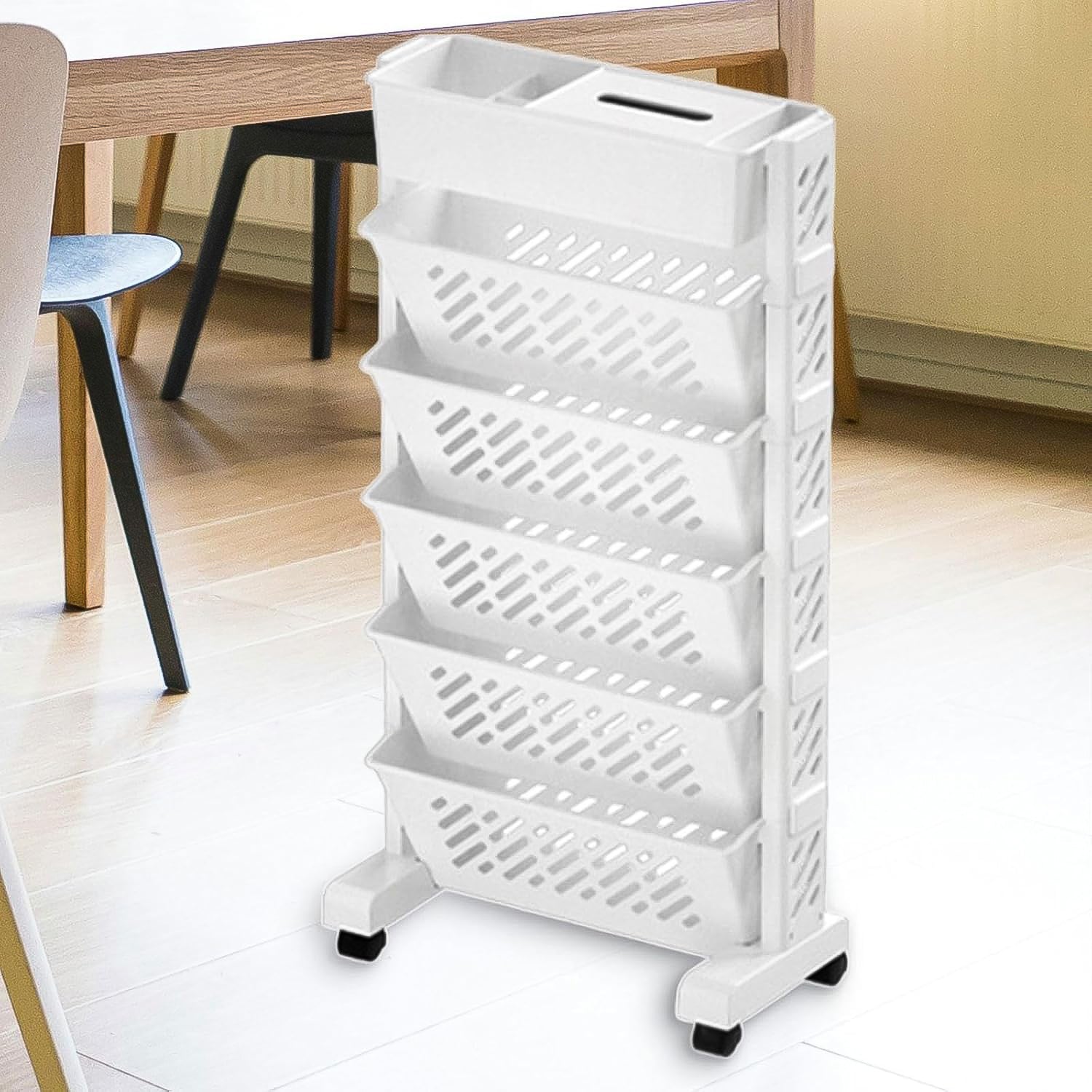 Large capacity Wukusy movable plastic bookshelf with rotatable design, rolling organization rack for home storage and organization.