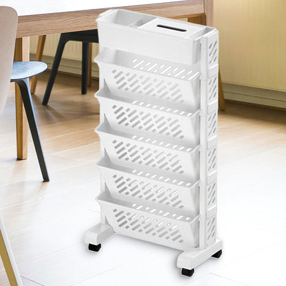 Large capacity Wukusy movable plastic bookshelf with rotatable design, rolling organization rack for home storage and organization.