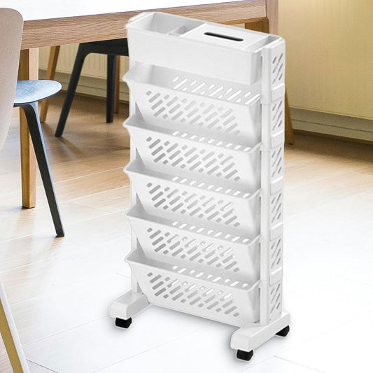 Large capacity Wukusy movable plastic bookshelf with rotatable design, rolling organization rack for home storage and organization.