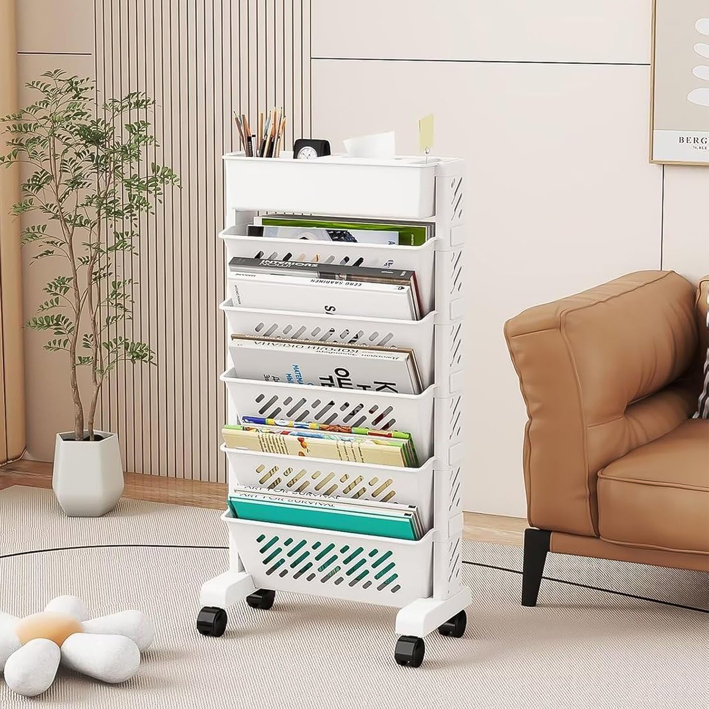 Large capacity Wukusy movable plastic bookshelf with rotatable design, ideal for home organization and storage.
