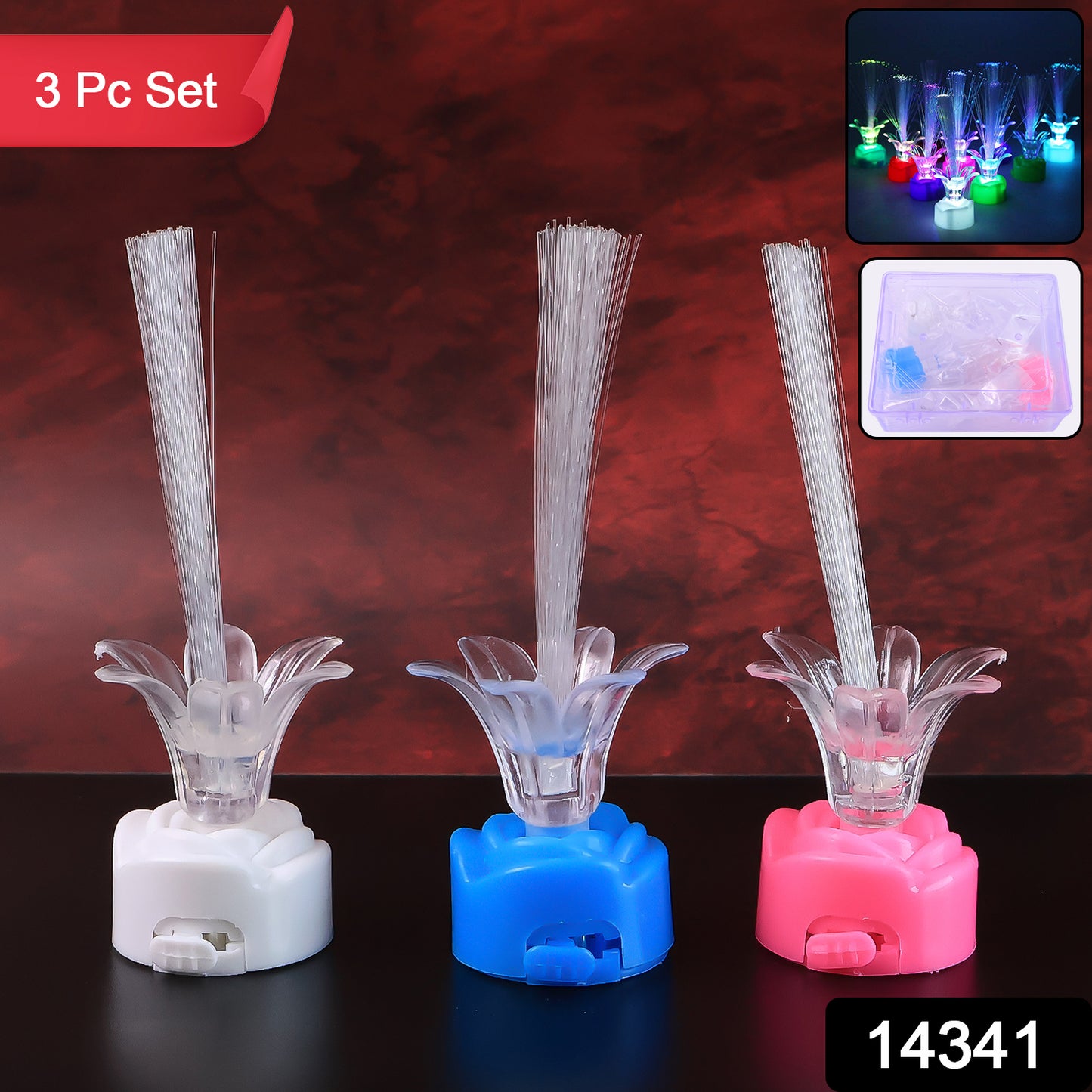 Set of three Wukusy multi-color LED fiber optic flower night lamps for home decor, featuring vibrant, glowing floral designs.