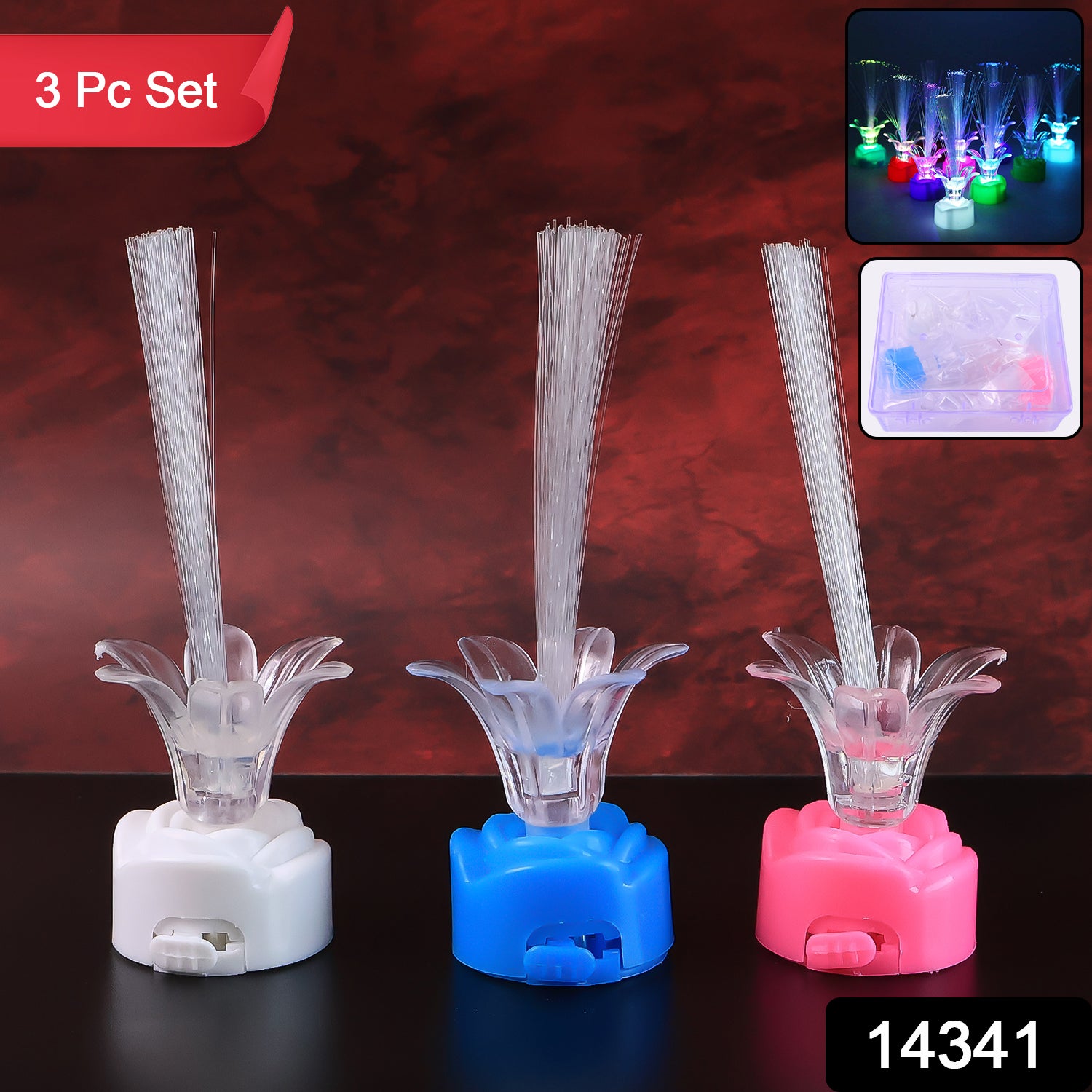 Set of three Wukusy multi-color LED fiber optic flower night lamps for home decor, featuring vibrant, glowing floral designs.