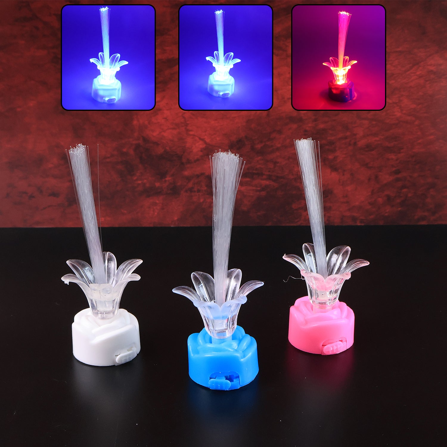 Set of three Wukusy multi-color LED fiber optic flower night lamps, vibrant decorative lighting for home improvement.