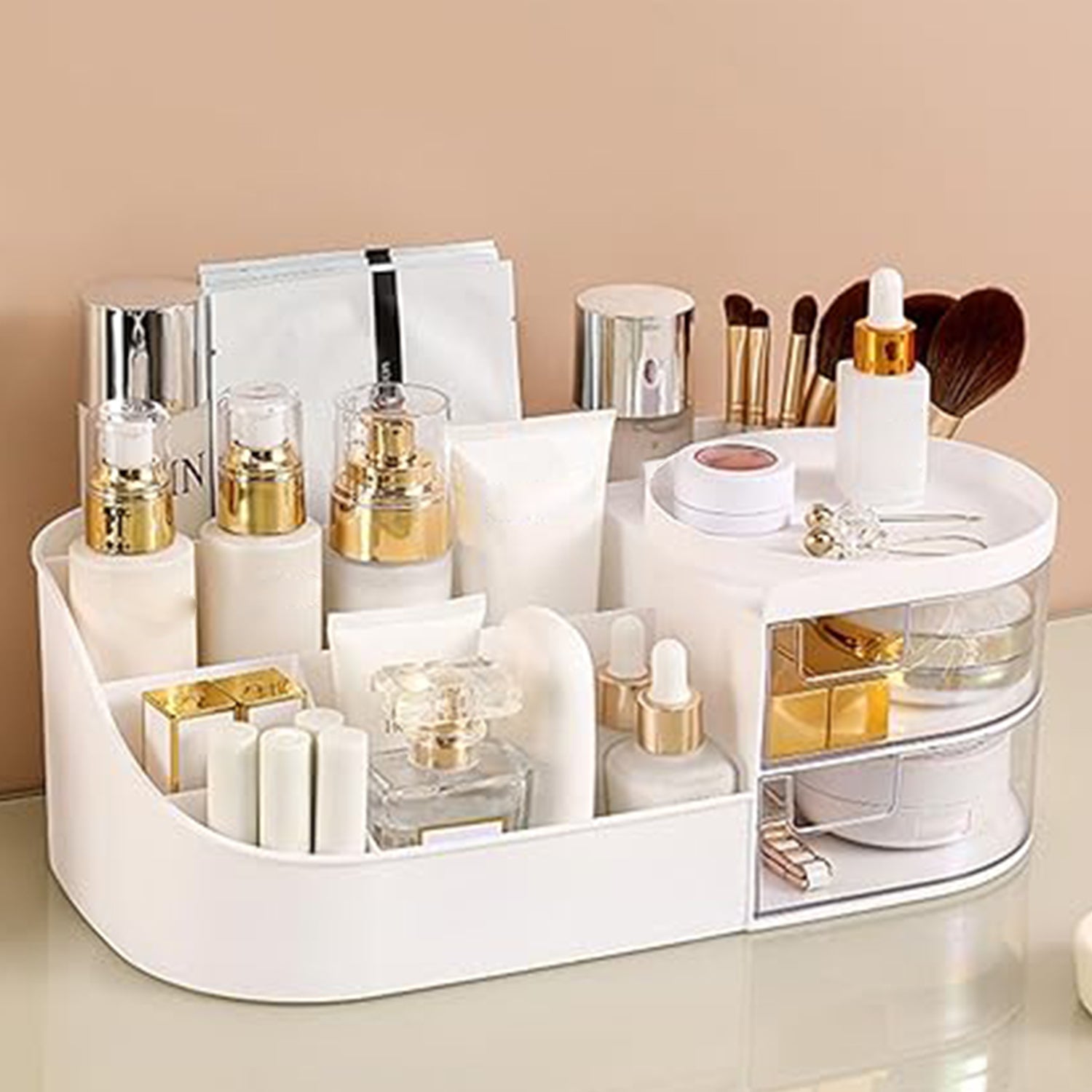 Wukusy multi-functional plastic vanity storage box for home improvement, with compartments for organizing cosmetics and toiletries.