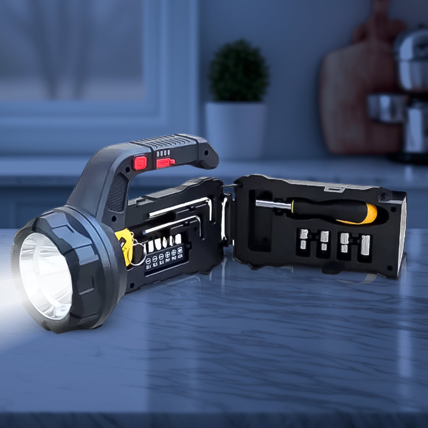 Wukusy multi-functional SOS light with toolbox and 18W torchlight for home improvement and emergency lighting.