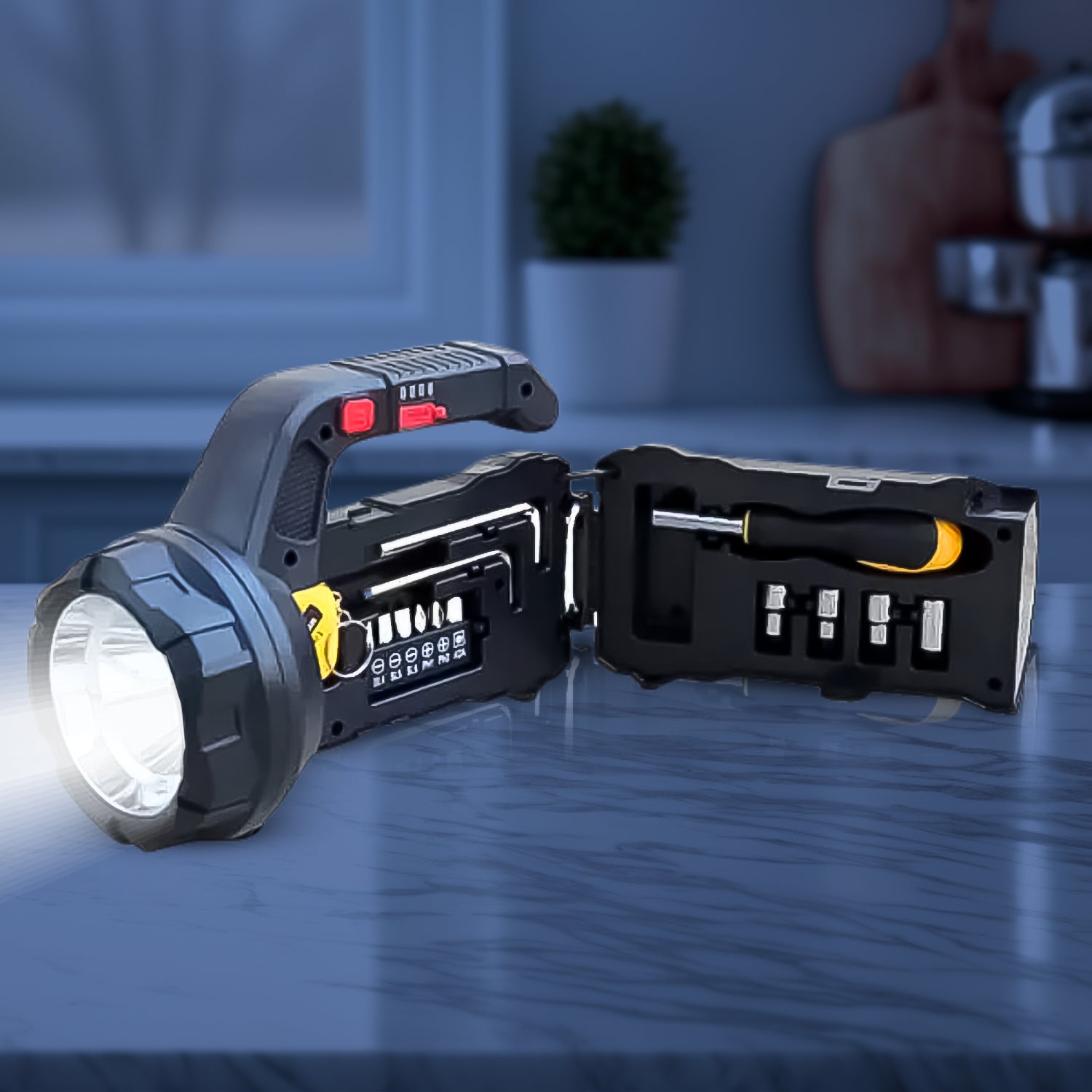 Wukusy multi-functional SOS light with toolbox and 18W torchlight for home improvement and emergency lighting.