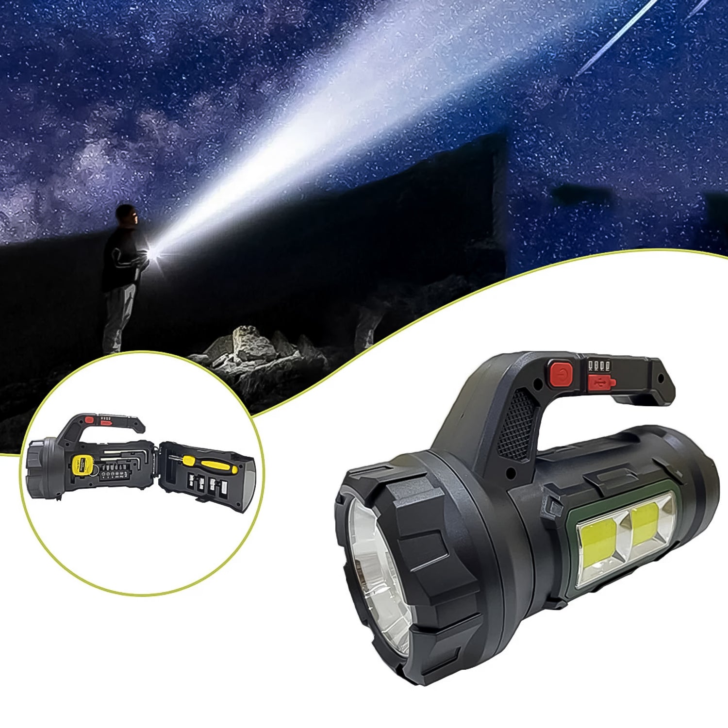 Wukusy multi-functional SOS light with toolbox and 18W torchlight, compact home improvement tool for emergency and repair tasks.