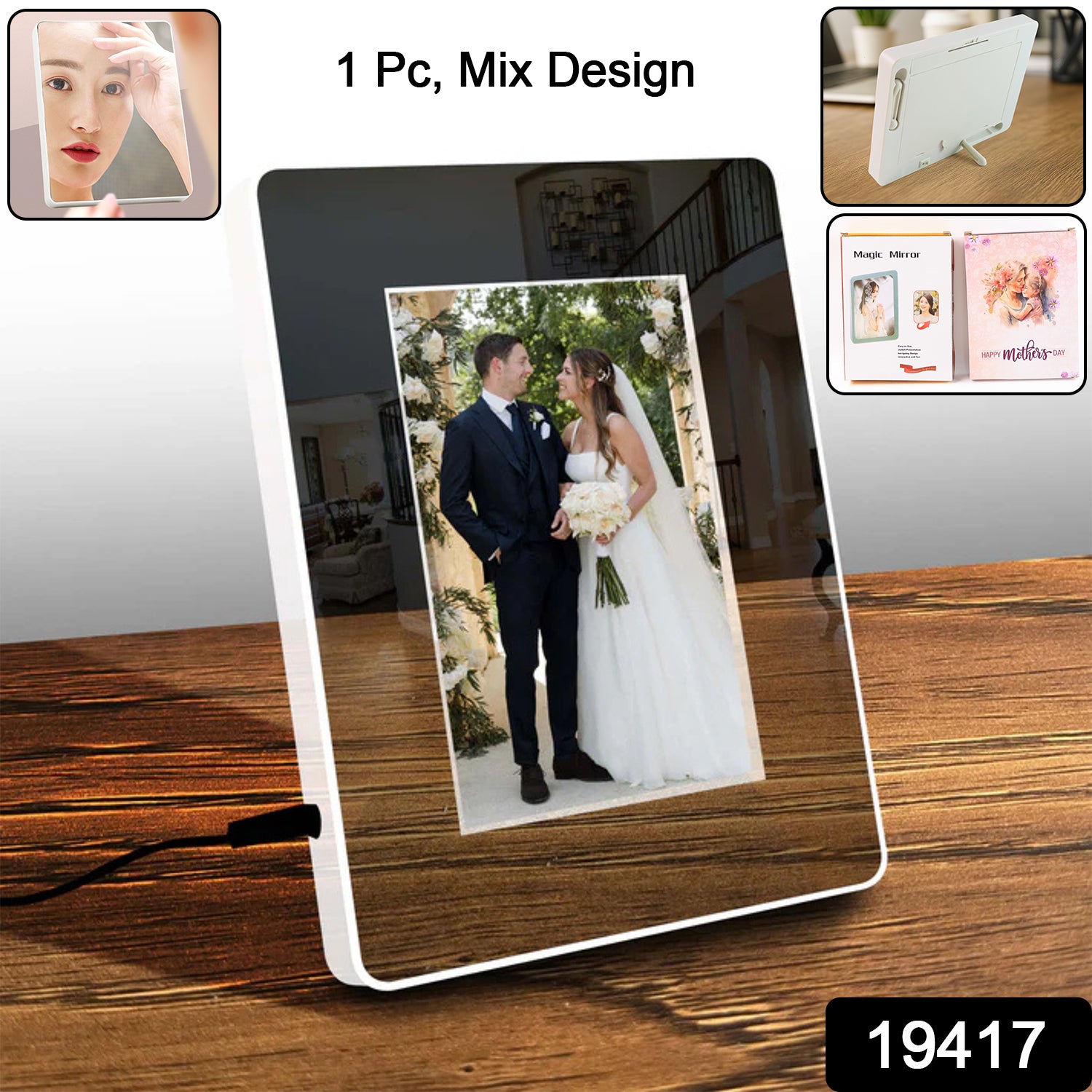 Wukusy multifunctional LED magic mirror with hidden photo frame, modern home improvement decor, reflecting a bright, sleek design