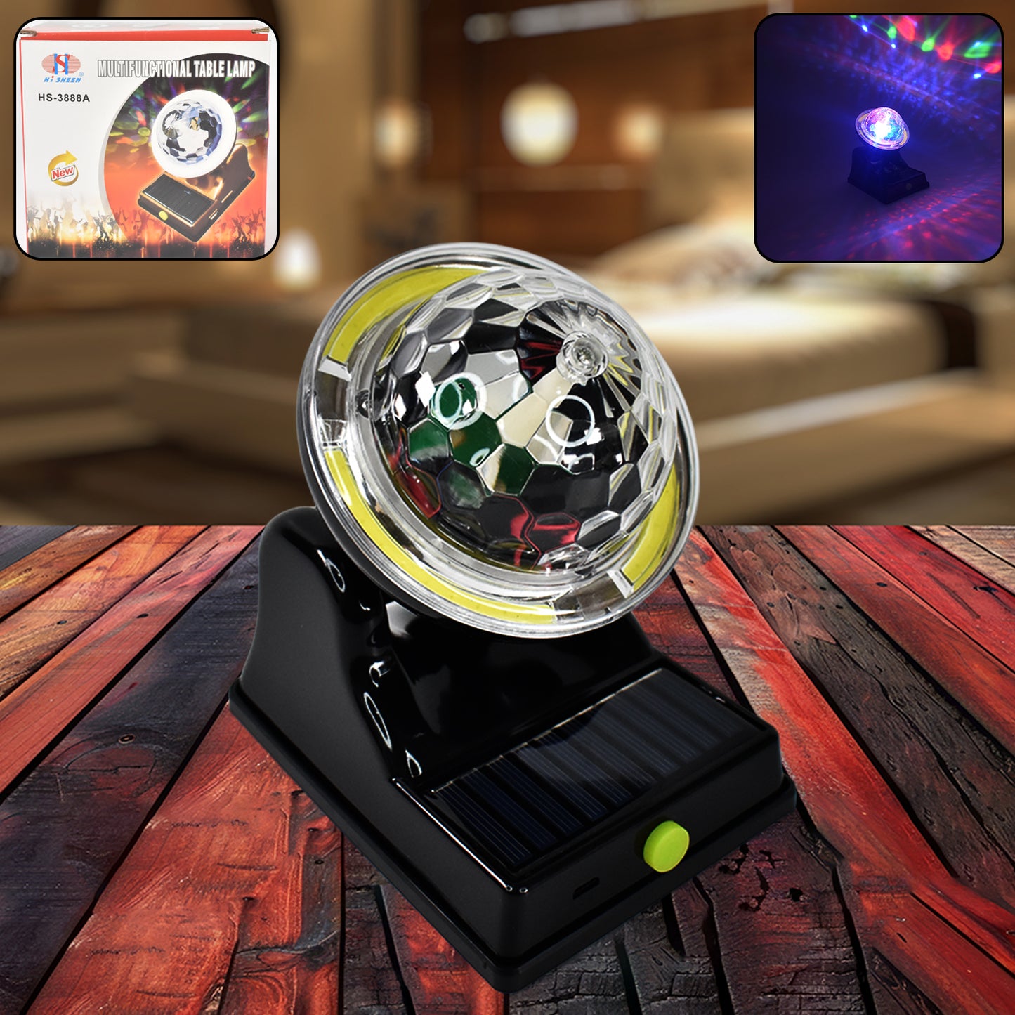 Wukusy multifunctional solar disco light with two modes, ideal for party and home improvement lighting, shown in a home setting.