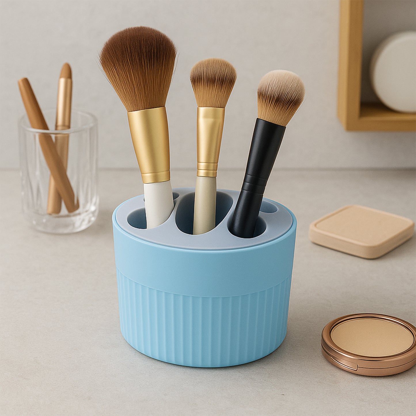 Wukusy multipurpose bathroom toothbrush and utility holder stand with multiple slots for toothbrushes and small bathroom tools.