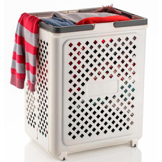 Wukusy foldable laundry basket with wheels, versatile home improvement storage solution, made of durable material, collapses for easy storage.
