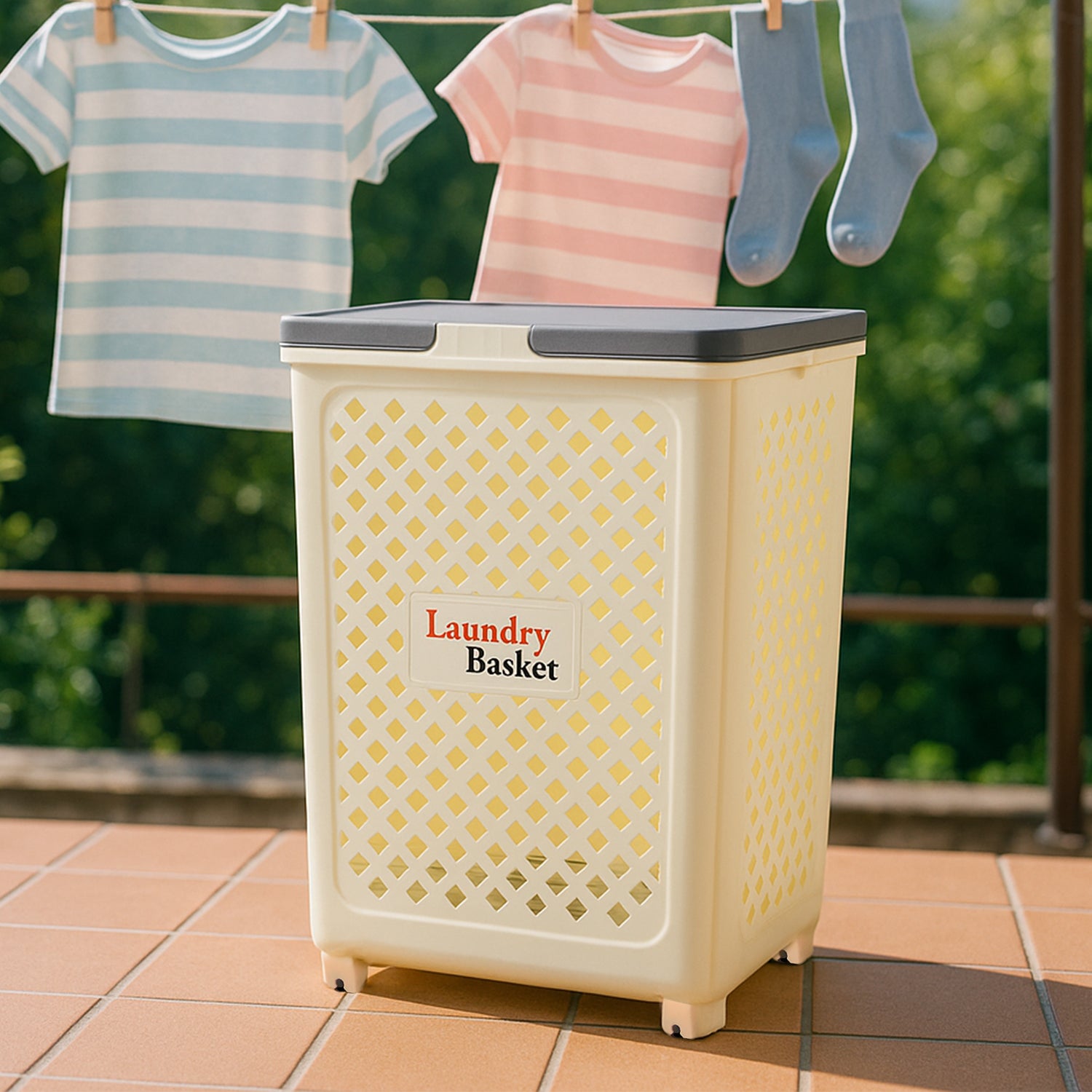 Foldable laundry basket with wheels by Wukusy, versatile home improvement storage solution, shown with open design and sturdy handles.