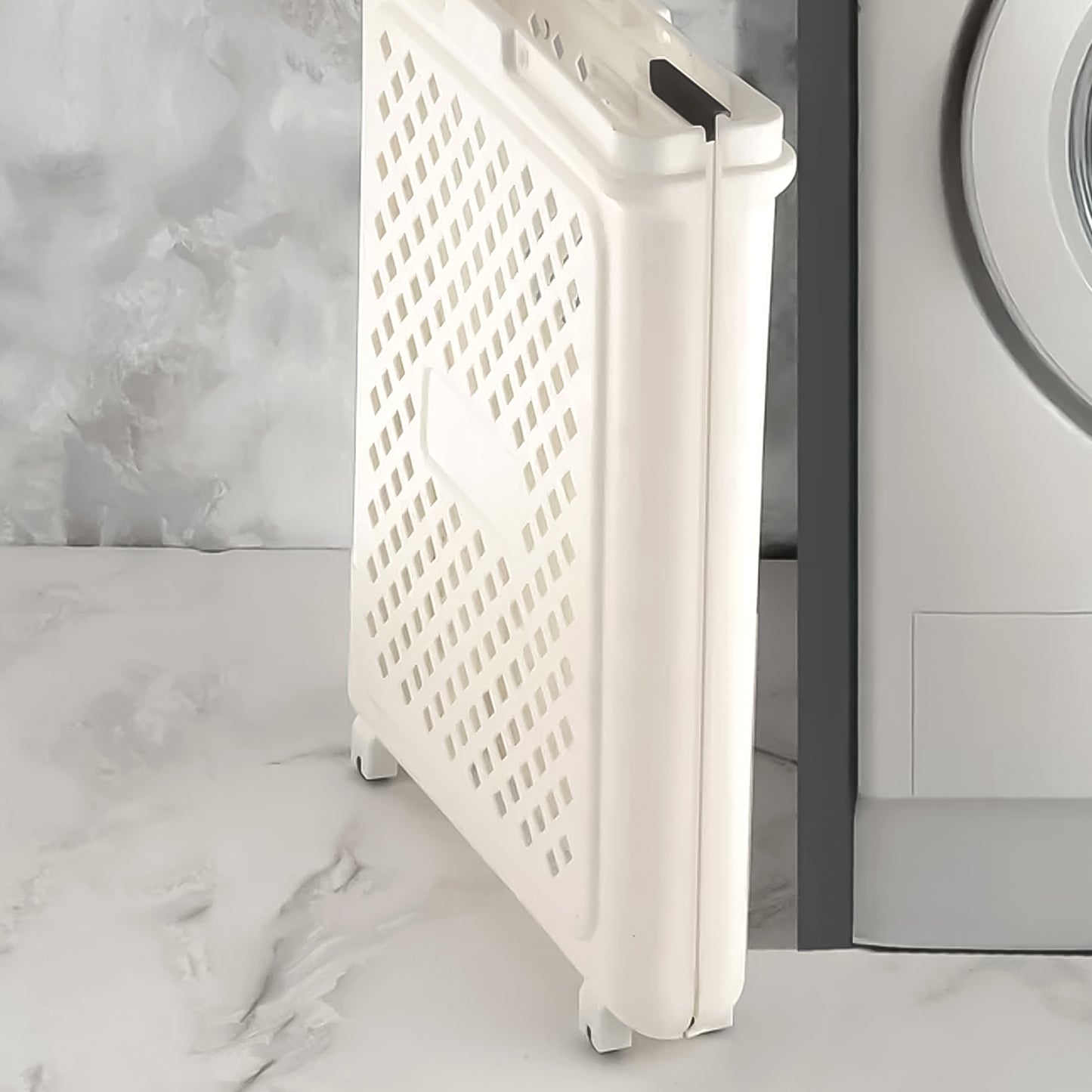 Wukusy foldable laundry basket with wheels, portable home improvement storage solution, made of durable fabric with handles.