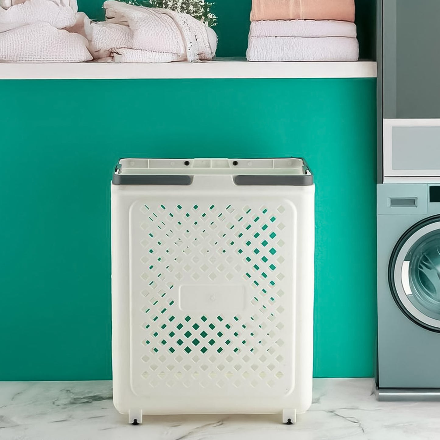 Wukusy foldable laundry basket with wheels, versatile home improvement storage solution, featuring a sturdy frame and easy mobility.