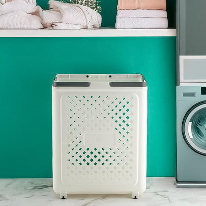 Wukusy foldable laundry basket with wheels, versatile home improvement storage solution, featuring a sturdy frame and easy mobility.