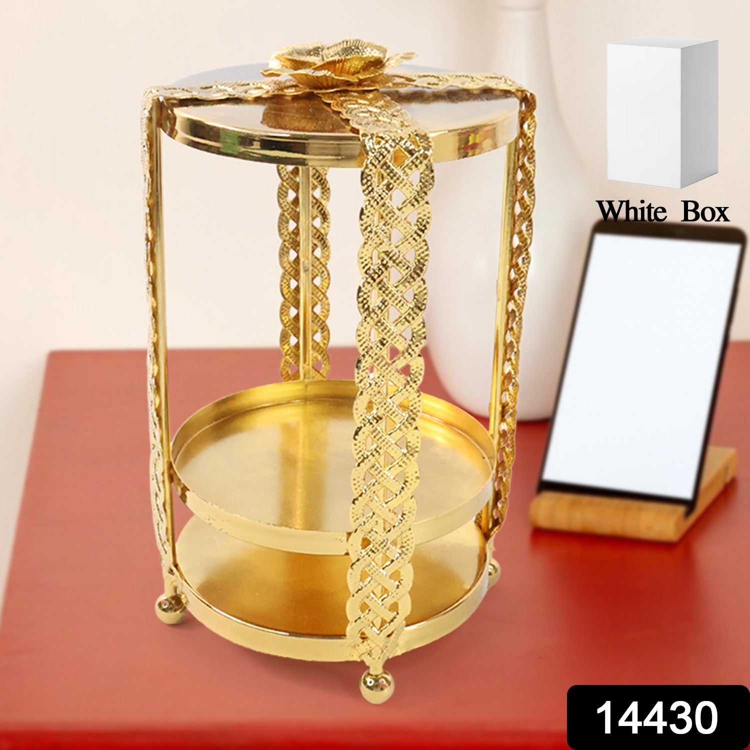 Golden metal candle stand showpiece by Wukusy, versatile home decor item with ornate design, perfect for enhancing living space.