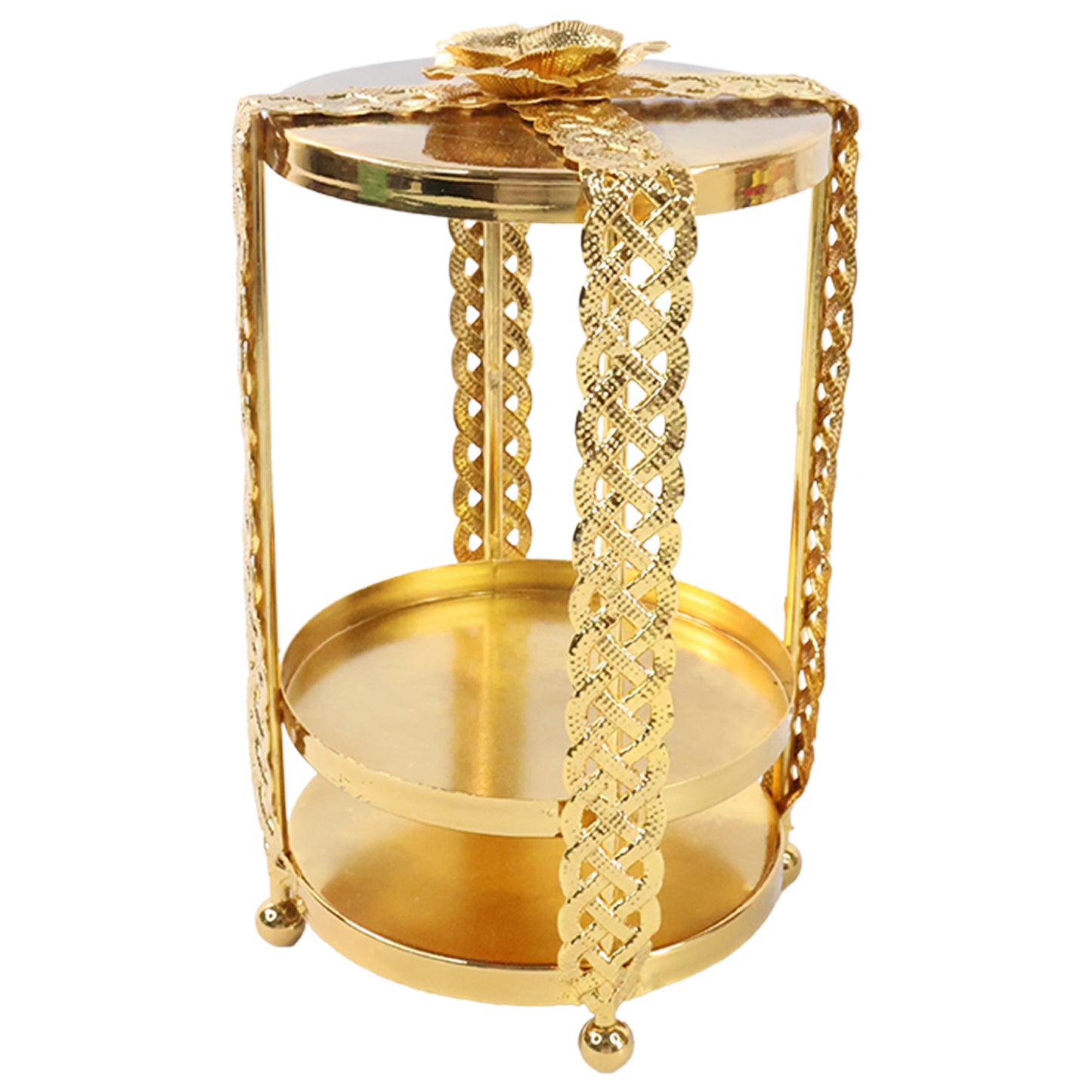 Golden metal candle stand showpiece by Wukusy, versatile home decor item with intricate design, perfect for enhancing living spaces.