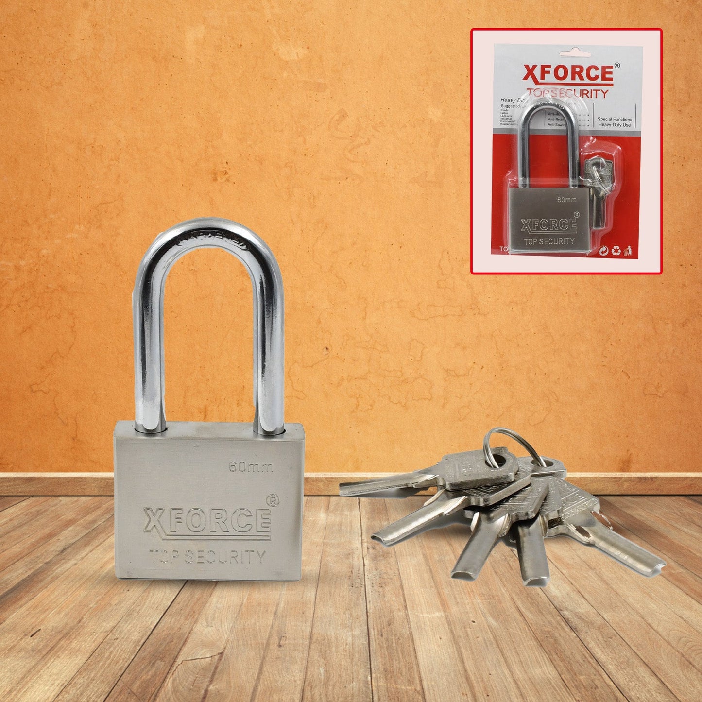 Wukusy solid 6-key padlock, 60mm, used for home security and improvement, with a sturdy metal body and key mechanism.