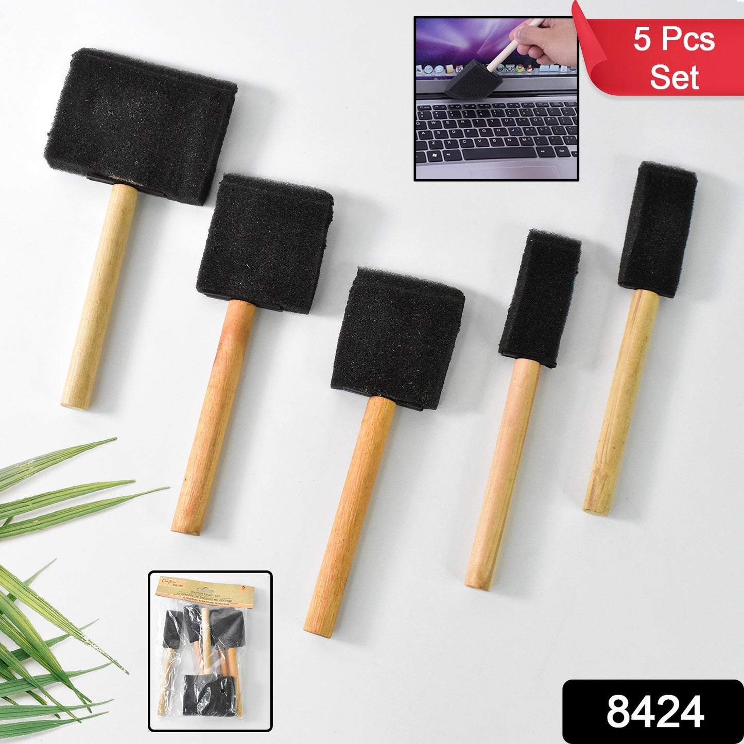 Set of 5 Wukusy multipurpose sponge brushes with wooden handles for painting and home improvement projects.
