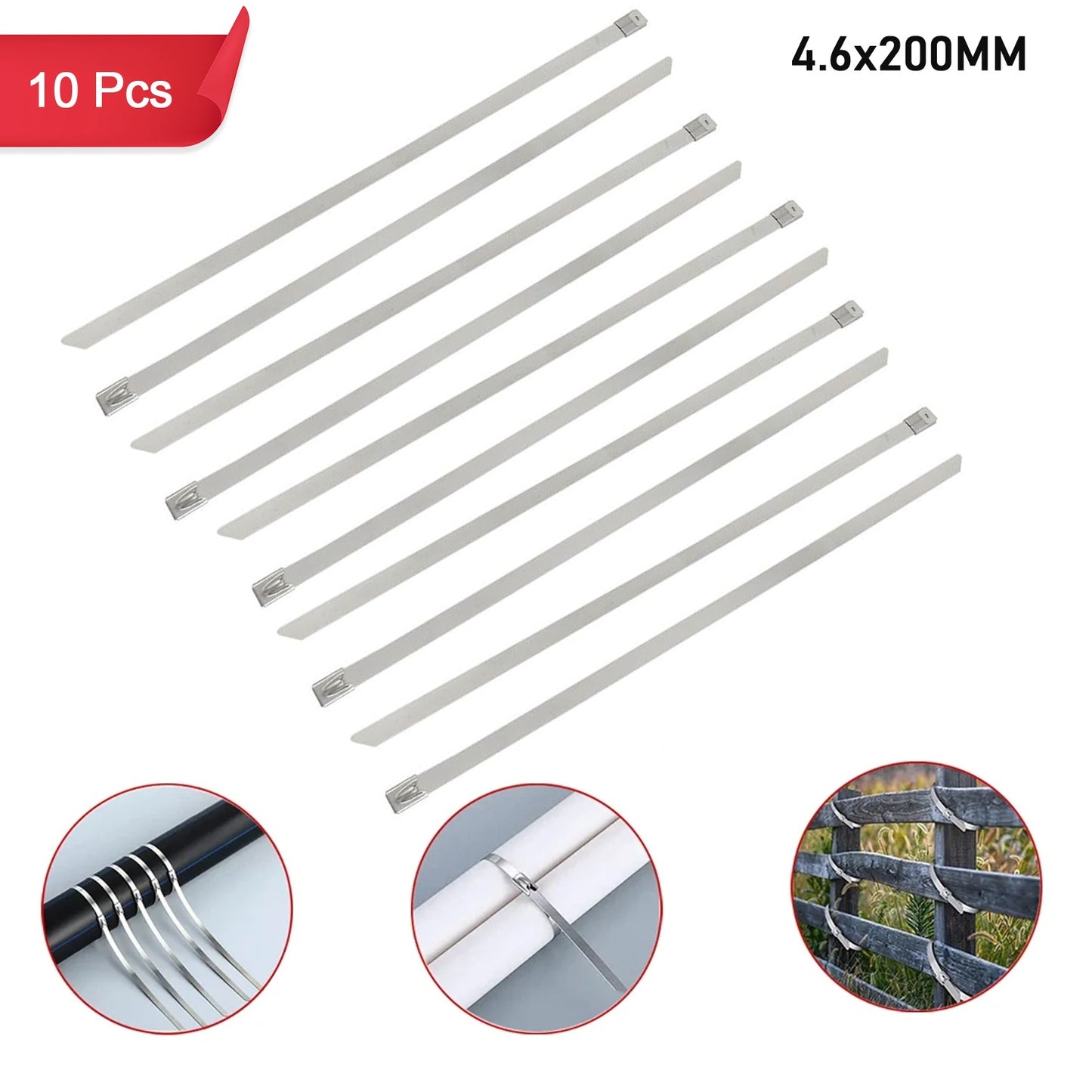 Set of 10 Wukusy stainless steel cable ties, 4.6x200mm, versatile for home improvement and securing various items.