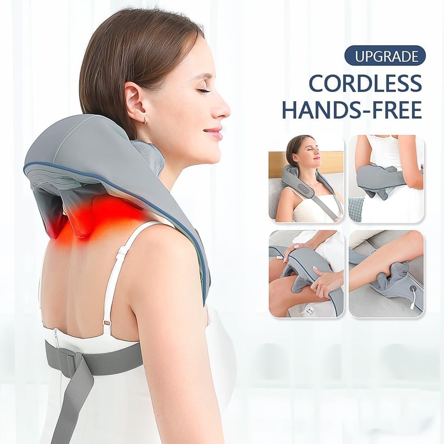 Wukusy electric rechargeable neck and shoulder massager with heat for home use, shown in a relaxed position on a person.