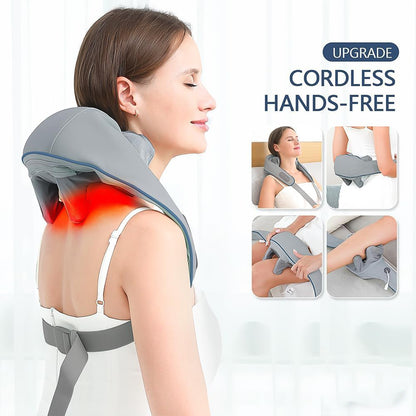 Wukusy electric rechargeable neck and shoulder massager with heat for home use, shown in a relaxed position on a person.