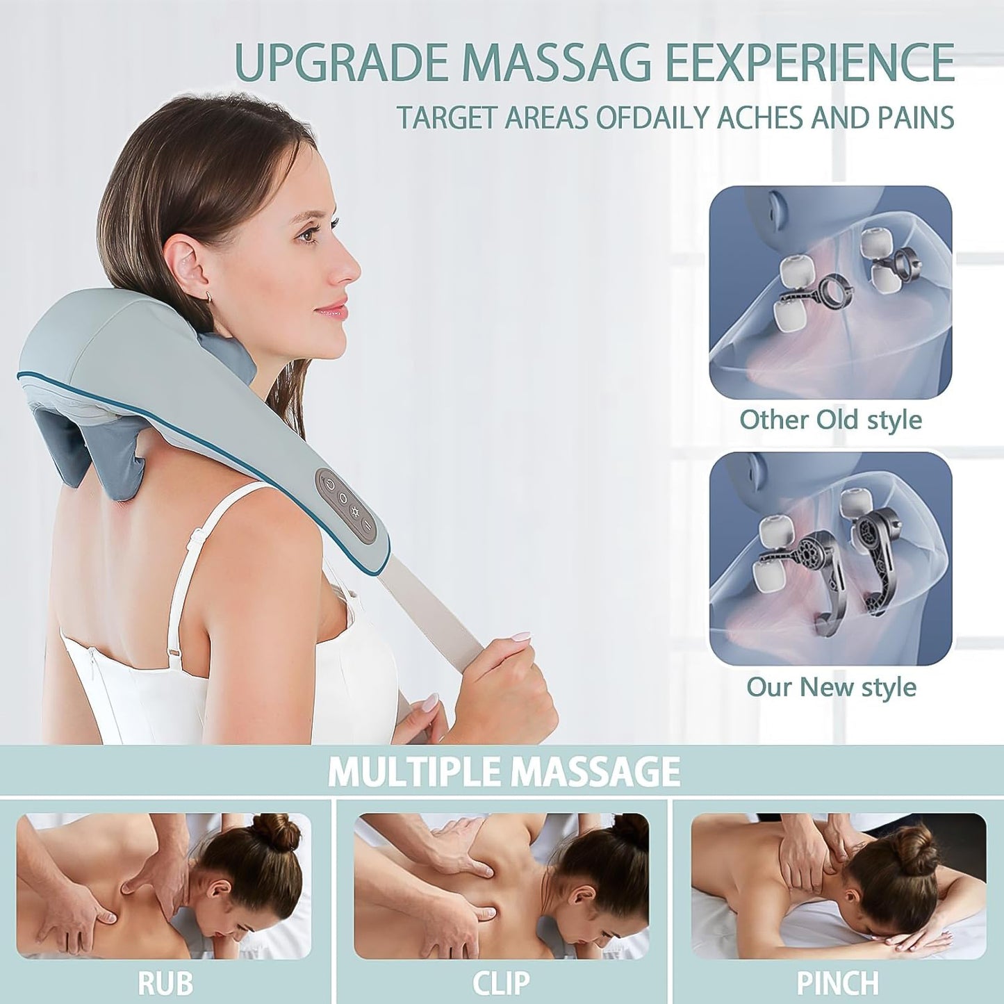 Wukusy electric rechargeable neck and shoulder massager with heat, designed for home use, showing the massager with straps and controls.